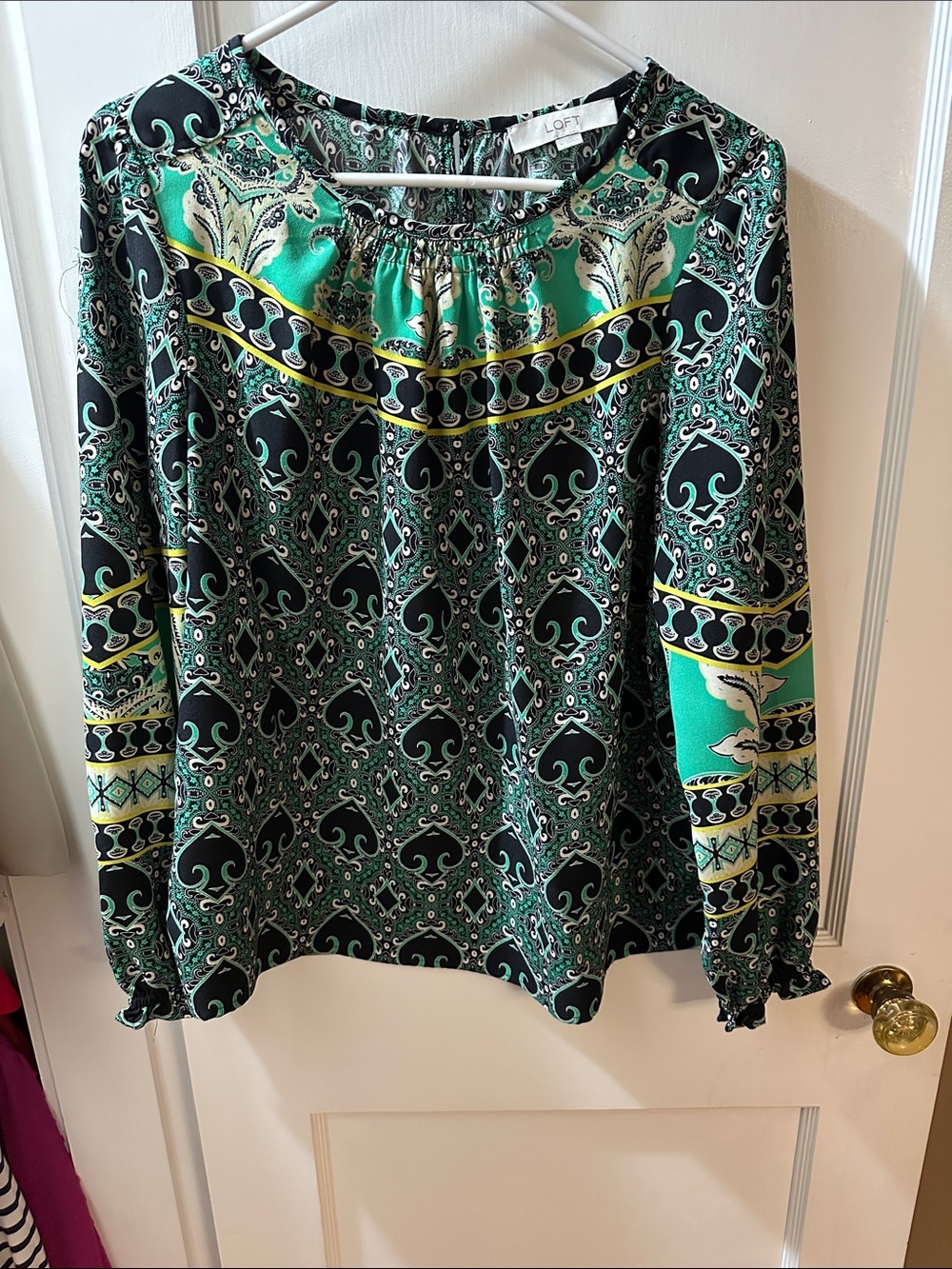 LOFT Black & Teal Printed Peasant Blouse